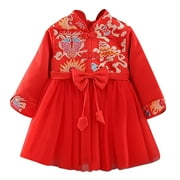 Mzoazpie Toddler Kids Baby Girls Young Girls Fashion Dresses Children Fairy Hanfu Dresses Stripes Dresses for Chinese New Year Lined Warm Princess Dresses Embroidery Tang Suit Performance